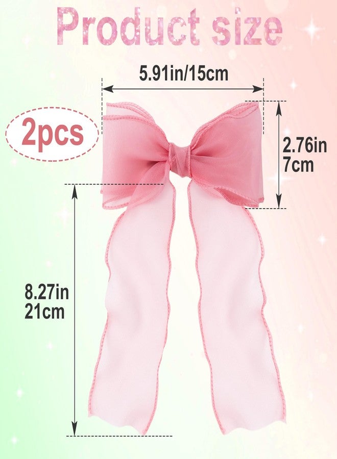 STSTR 2pcs Large Hair Bow Clips, Pink Red Silk Yarn Ribbon Bow Hair Barrette for Women, Elegant Long Tail Bowknot French Hair Accessories for Wedding, Parties, Festivals - Image 2